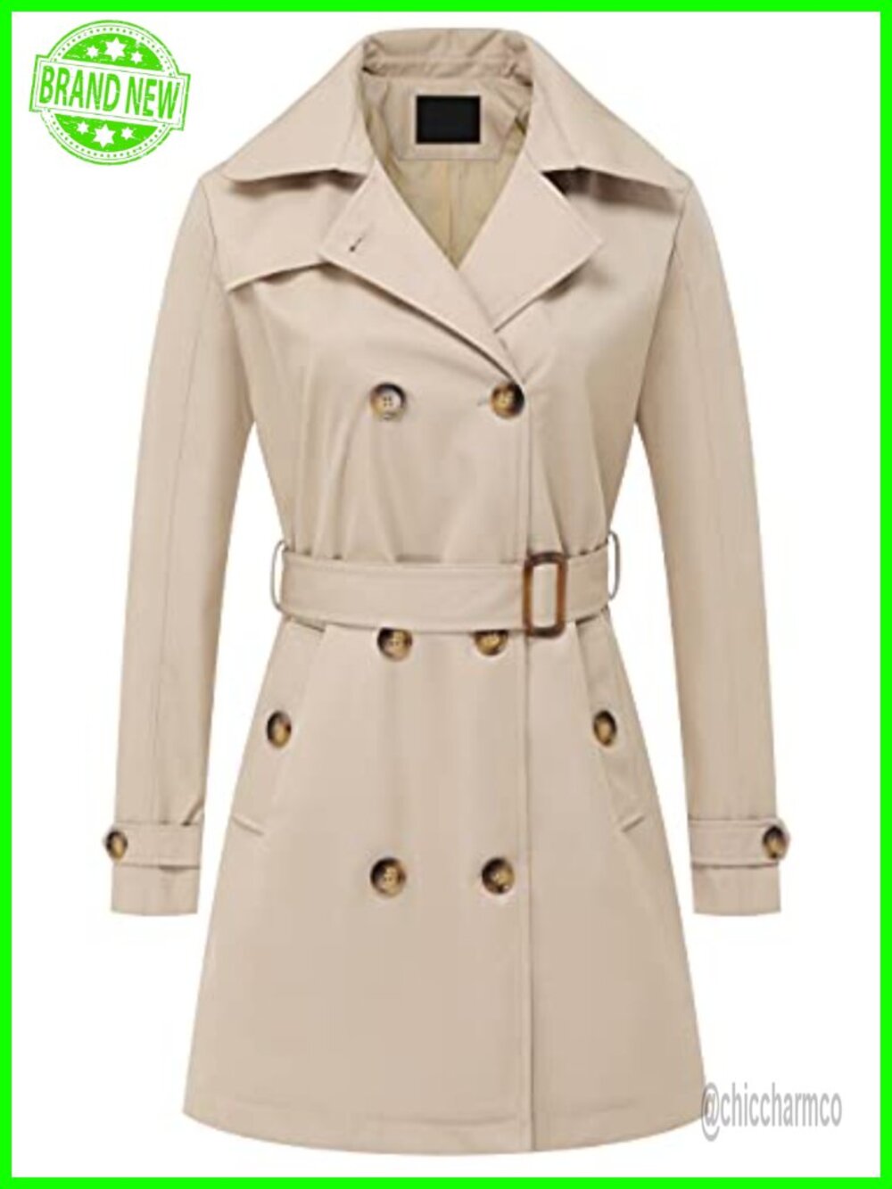 Women's Double Breasted Trench Coat Mid-Length Belted Overcoat Detachable Hood